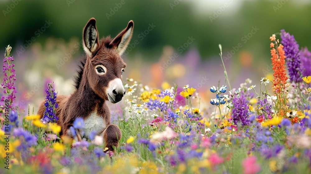 Poster a donkey standing in a field of sharp wildflowers with a clearer background