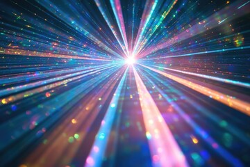 Converging beams of vibrant, multicolored light radiate outwards from a central point, creating a dazzling display of color and energy.