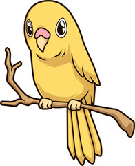 Der gelbe Wellensittich sitzt auf einem Ast und blickt neugierig in die Welt.
