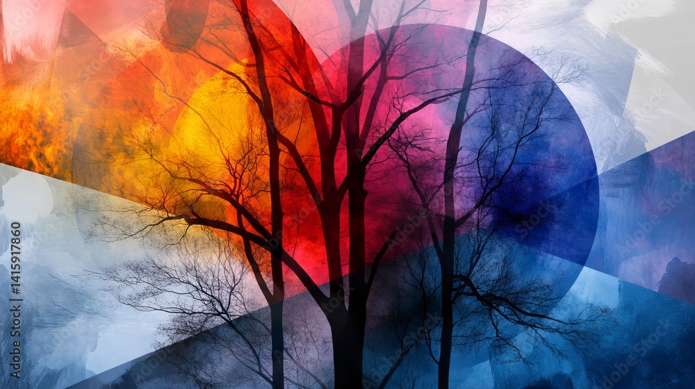 Poster abstract trees stand silhouetted against colorful geometric shapes in a digitally designed compositi