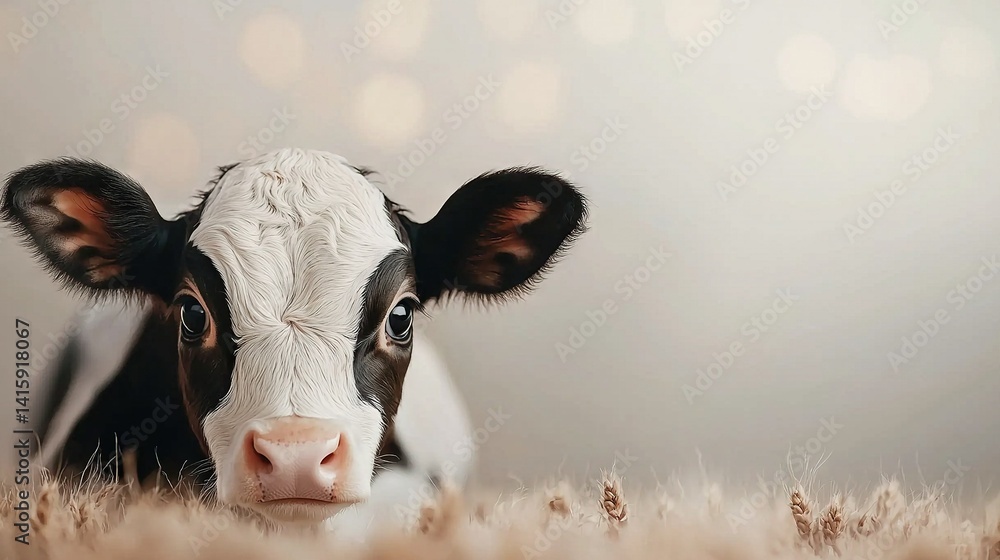Poster close-up of a cow in a field of grass with a bokeh of light illuminating the background
