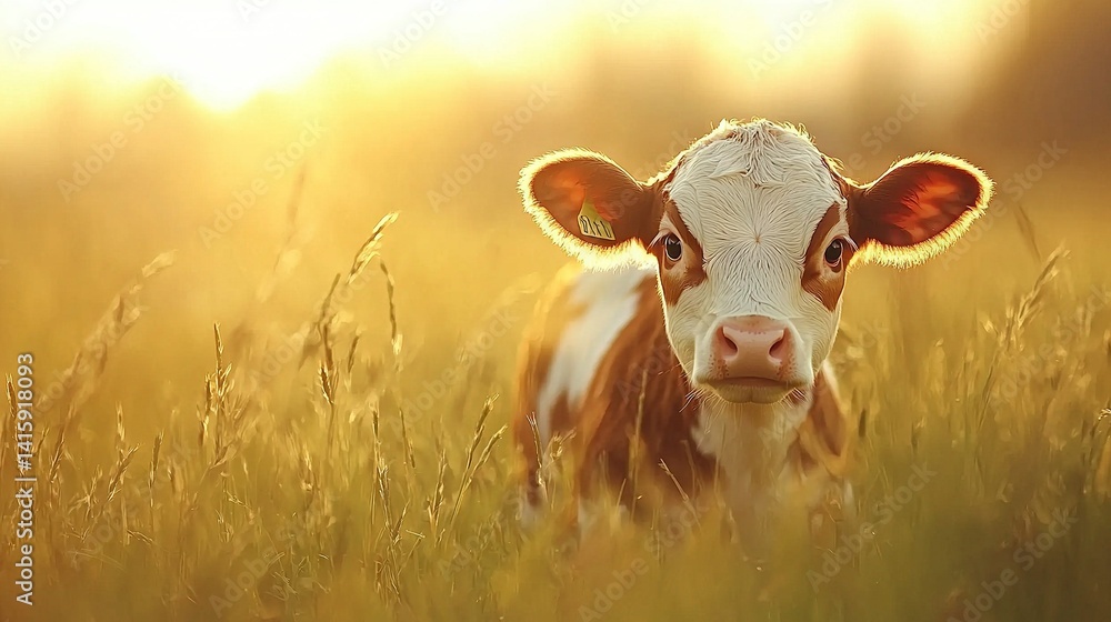 Poster a close-up of a cow grazing in a field under the bright sun filtering through the tree canopy in the