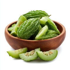 Bitter melon pieces in bowl on white background