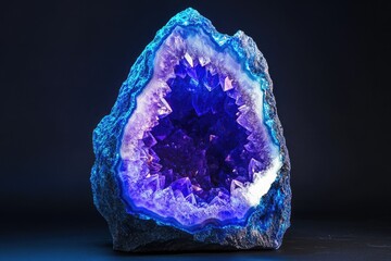 A mesmerizing geode displays vibrant purple and blue amethyst crystals, illuminated against a dark background.