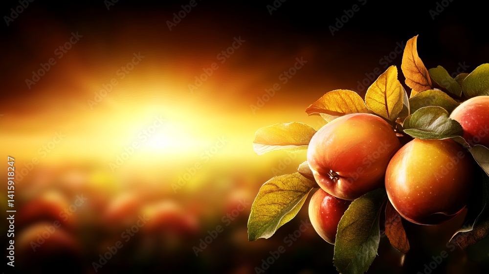 Poster Apples on a branch shine with golden light in a blurred orchard background, creating a warm and inviting scene.