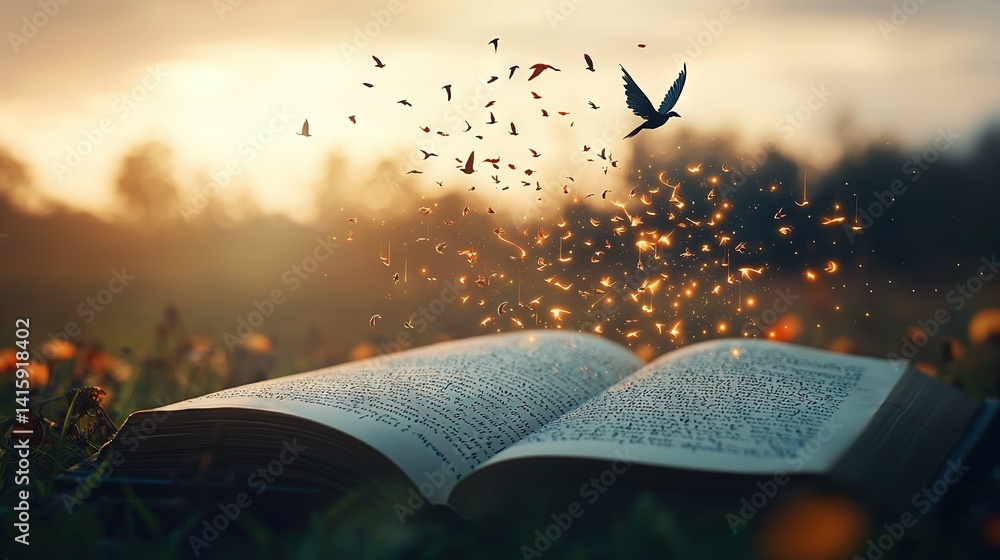 Poster an open book in the grass with a flock of birds flying out of it and a sunset in the background