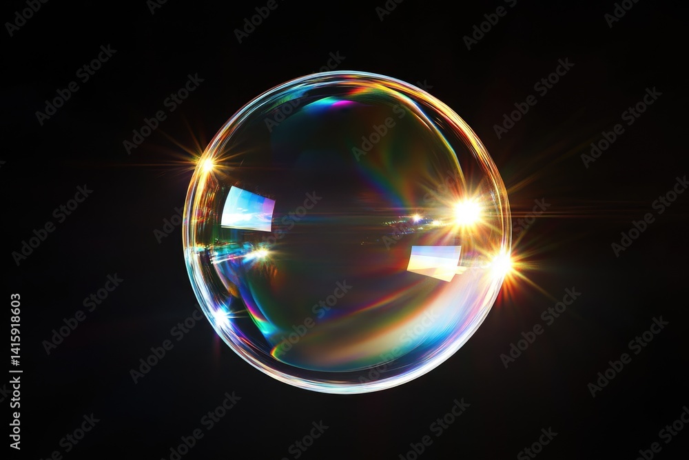 Poster a vibrant soap bubble floats in the dark, reflecting light and creating a mesmerizing iridescent eff