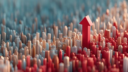 Obraz premium 3D cityscape with a red upward arrow, symbolizing growth and progress in urban development.