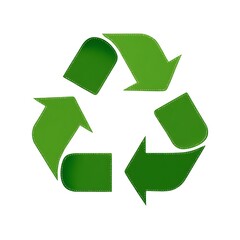 Fototapeta premium Green recycle symbol with arrows and stitched edges isolated on white background