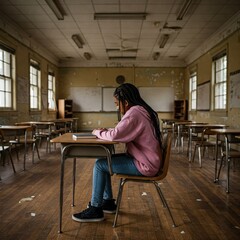 Student sitting alone in empty classroom education inequality awareness