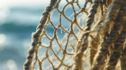 A fishermanâ€™s net woven from twisted ropes, hanging in the salty breeze --ar 16:9 --v 6.1 Job ID: 9e536d96-aef4-455c-8025-4cb483d86227