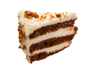 There is tea treat on plate. Piece of carrot cake made with addition of aromatic spices cinnamon and ginger. Layers of pie alternate with sour cream, and pastry is decorated with walnuts on top