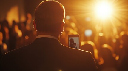 Businessman wearing suit is recording a political speech during a conference or rally, holding his smartphone up to capture the moment, with bright stage lights illuminating the scene