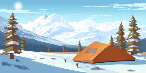 Orange tent pitched on snow in pine forest with snowy mountain peaks, blue sky, and sun in background. Winter adventure concept. Vector illustration
