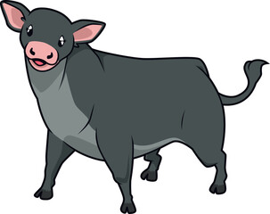 Schwarzes Angus-Rind im Comic-Stil – kräftig, ruhig und freundlich für Bauernhof-Designs.
