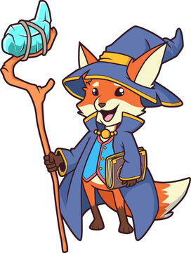 Fuchs mit Zauberstab und Zauberbuch in magischer Kleidung.
