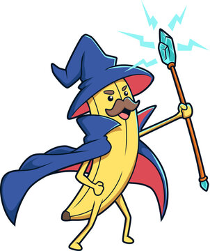 Banane als Zauberer mit Hut, Umhang und Stab.
