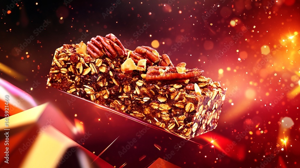 Poster granola bar featuring pecans is displayed against a vibrant, abstract background with geometric shap