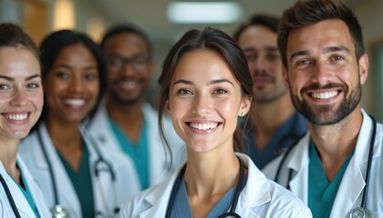 Smiling group diverse medical professionals in hospital hall. Team of young doctors, students, residents stand with stethoscopes. Healthcare staff teamwork, collaboration, care, support, community.