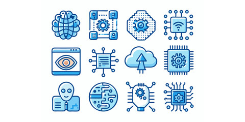 AI, Technology, and Data Processing Icons Representing Cloud Computing, Smart Devices, Machine Learning, and Global Connectivity Solutions