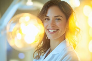 Fototapeta premium A smiling woman in a white coat, possibly a doctor or dentist, is seen in a brightly lit room.