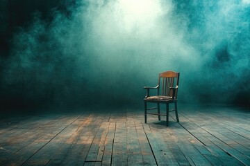 A solitary wooden chair sits on a weathered wooden floor in a dimly lit, smoky room.