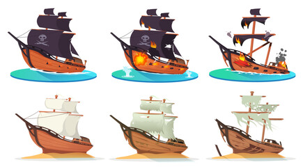 Set of pirate and old sailing ships in various states, from new to damaged and abandoned, on water and sand. Vector illustration