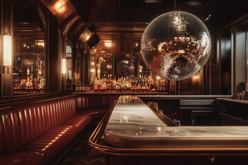 Luxurious, dimly lit bar with a large disco ball, marble counter, and plush leather seating.
