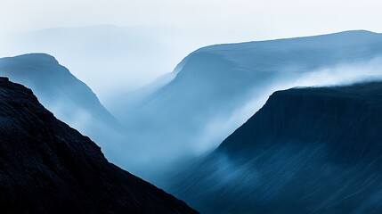 Misty mountain valley, serene blue hues