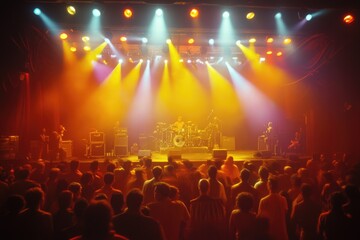 A rock band performs on stage, bathed in warm stage lighting, before a large, enthusiastic crowd.