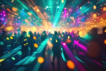 Blurred silhouettes of people dancing in a vibrant nightclub with colorful laser lights and bokeh effects.