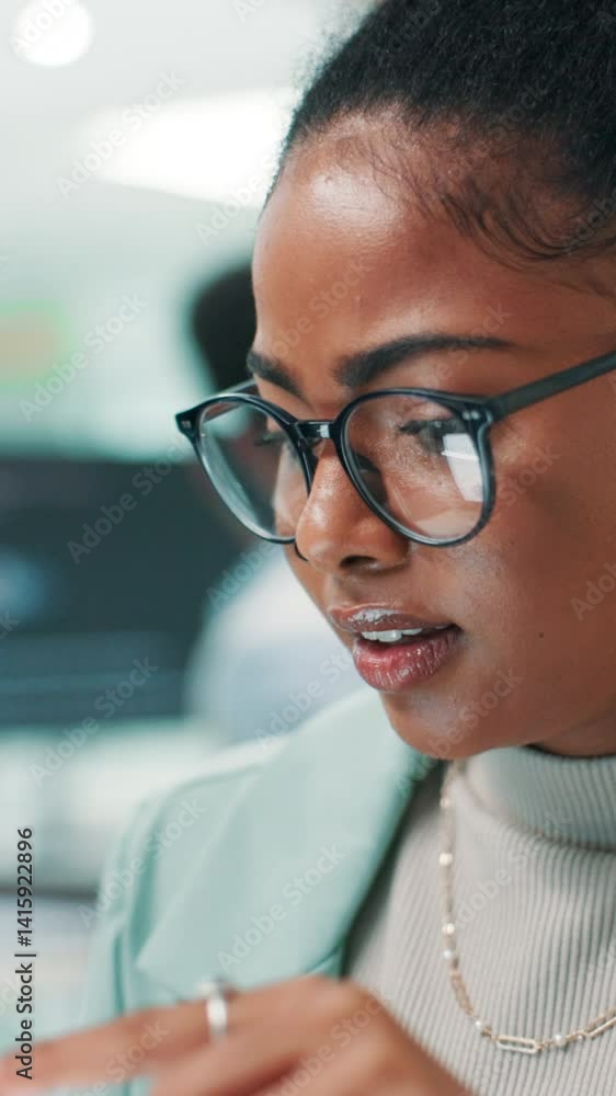 Poster woman, glasses and tablet with scroll in office, social media analytics or insights for digital mark