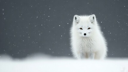   A snowy fox stands still, fur adorned with falling snowflakes as it gazes into the lens