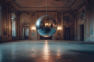 A disco ball hangs in a dilapidated, grand ballroom, a juxtaposition of past glamour and present decay.