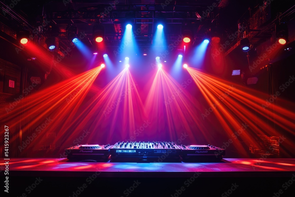 Poster dj setup on stage with vibrant red and blue lighting, creating an electrifying atmosphere for a musi
