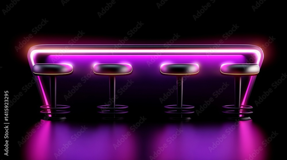 Poster neon illuminated bar with four stools sits against a stark black background creating a vibrant, mode
