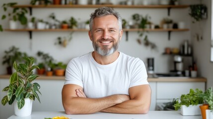 Smiling man with arms crossed in a kitchen