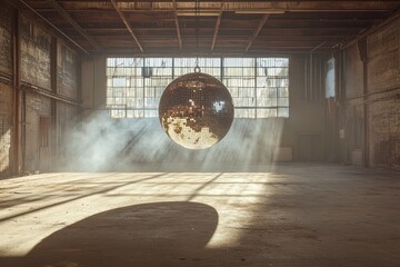 A large disco ball hangs in a sunlit, abandoned warehouse, casting a shadow on the dusty floor.