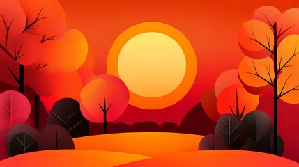 Fototapete Orchard landscape with trees appears against the backdrop of bright orange sky and setting sun. © Raul
