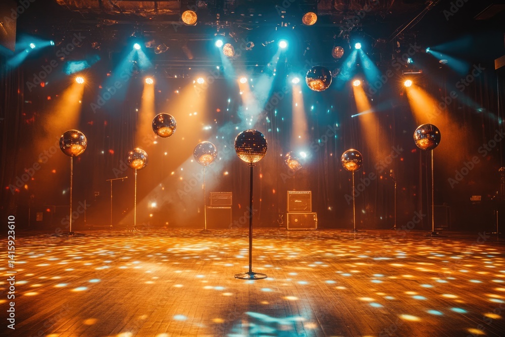 Poster a dimly lit stage is set for a performance, featuring multiple disco balls and spotlights casting wa