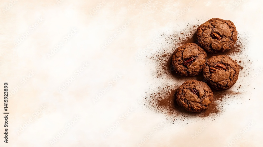 Poster pecan cookies are arranged in a cluster with cocoa powder dusting on a parchment paper background.