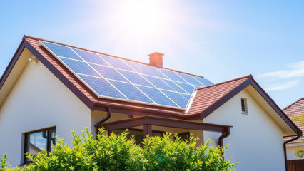 Fototapeta premium Medium shot of a modern residential house with photovoltaic solar panels installed on the brown tiled roof under bright sunlight and clear blue sky