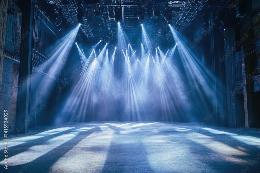 Aufkleber empty stage illuminated by multiple spotlights, creating a dramatic and atmospheric scene.