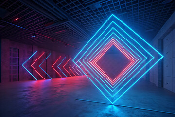 Fototapeta premium abstract 3d render, blue red neon lines, rhombus shape inside empty room, virtual space, ultraviolet light, disco club 