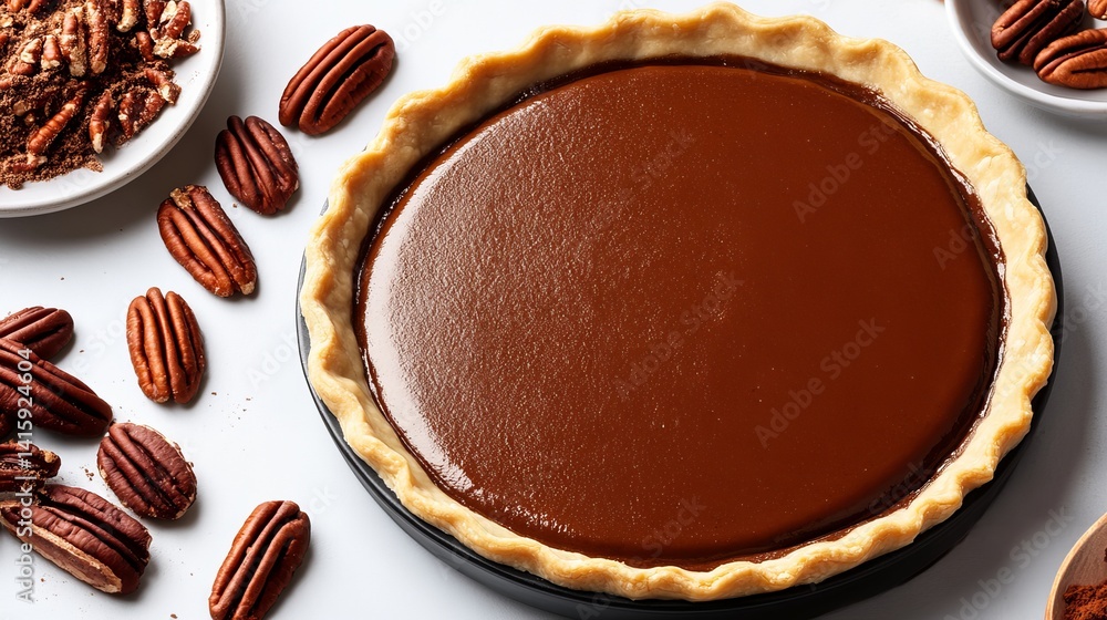 Poster pecan pie sits on a gray surface with nuts scattered around it, creating an appetizing dessert scene