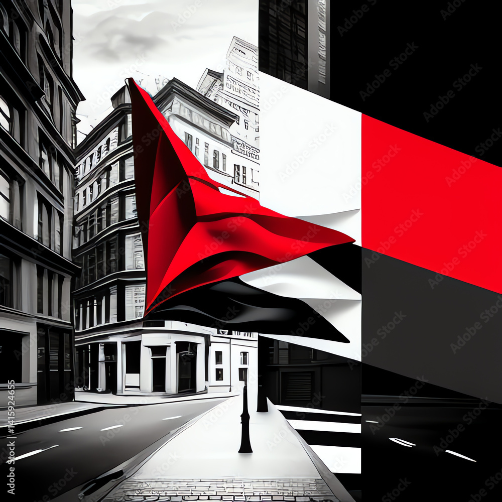 Poster this captivating abstract design contrasts bold colors with intricate shapes in an urban environment