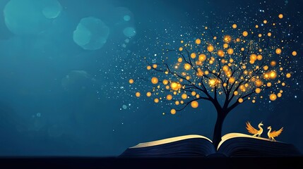 Fototapeta premium An open book with a tree on its cover and a bird perched on one of the pages