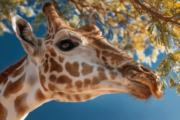 Giraffe's close-up portrait among foliage under a clear blue sky.