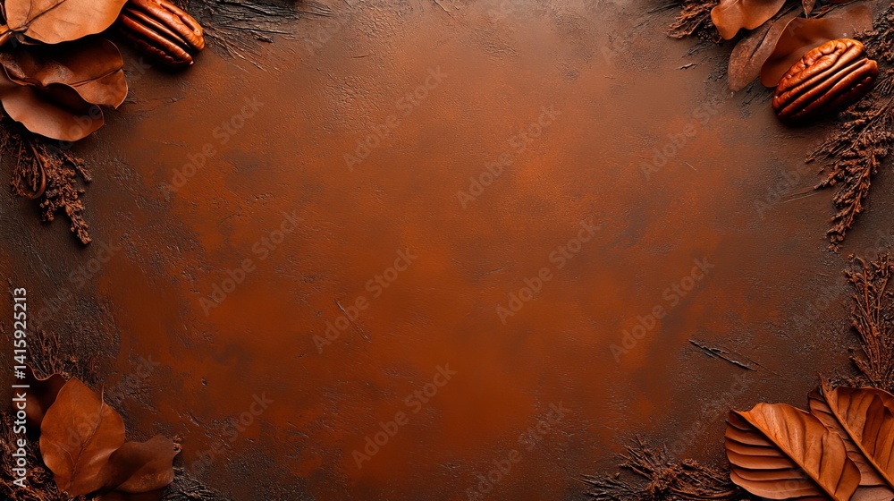 Poster pecans and leaves frame a textured brown surface with hints of darker shades along the edges, creati
