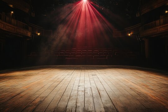 Naklejki Empty theater stage with red spotlight illuminating wooden floor and rows of empty seats.